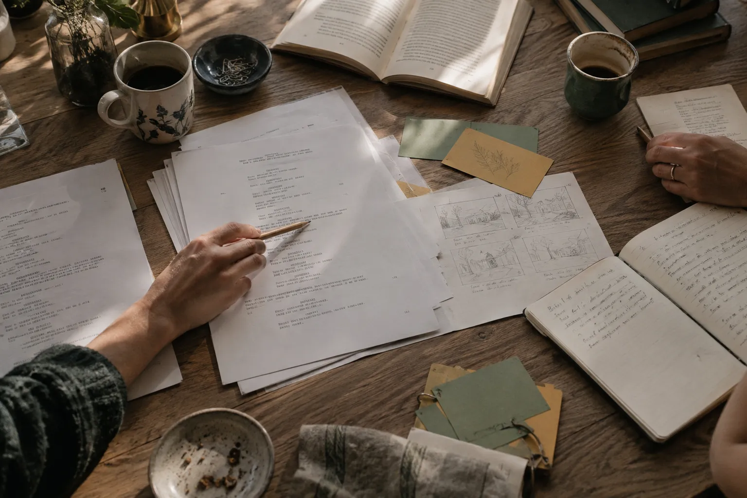 Two writers working through script pages and scene notes around a shared wooden table.