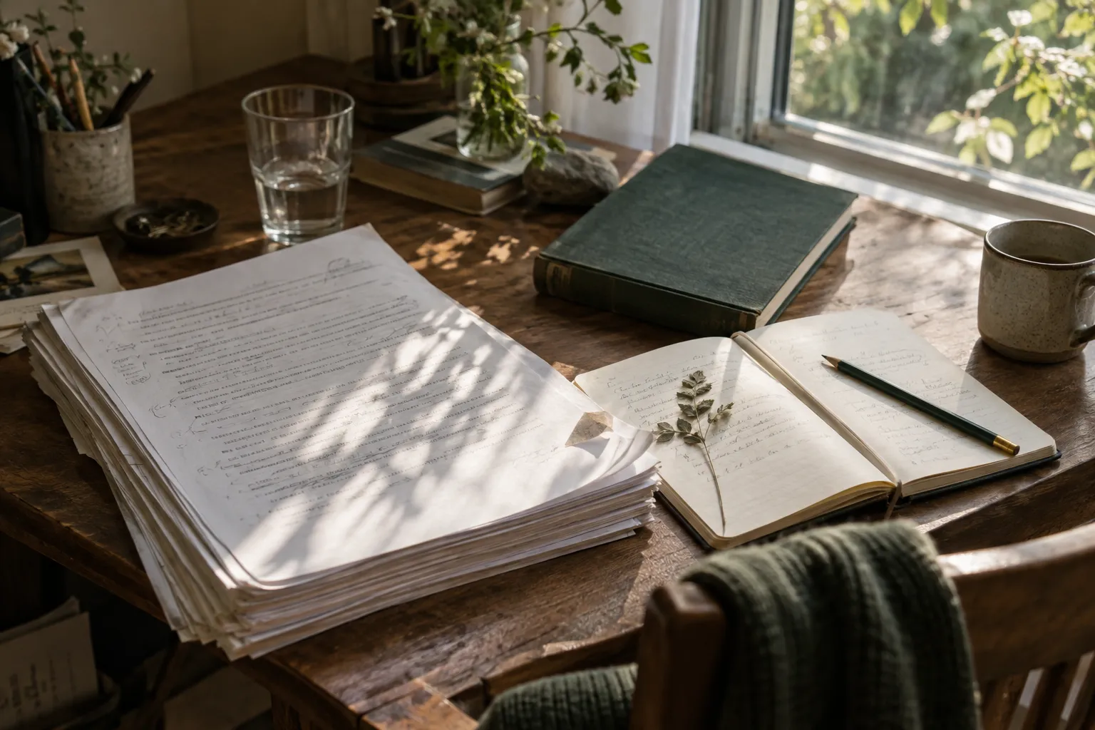 Manuscript pages, an open notebook and a green clothbound book in afternoon window light.